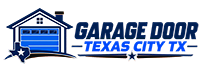 Garage door company logo featuring a blue garage with a Texas star and the text GARAGE DOOR TEXAS CITY TX on a dark blue background